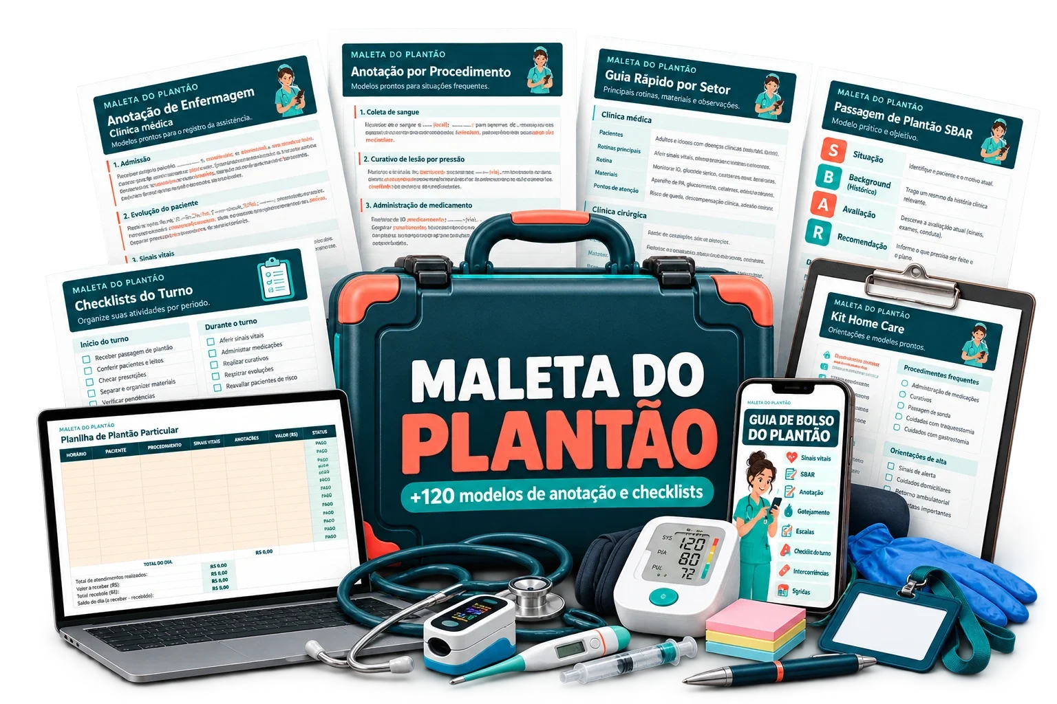Maleta do Plantão: maleta com as páginas, tablet e celular